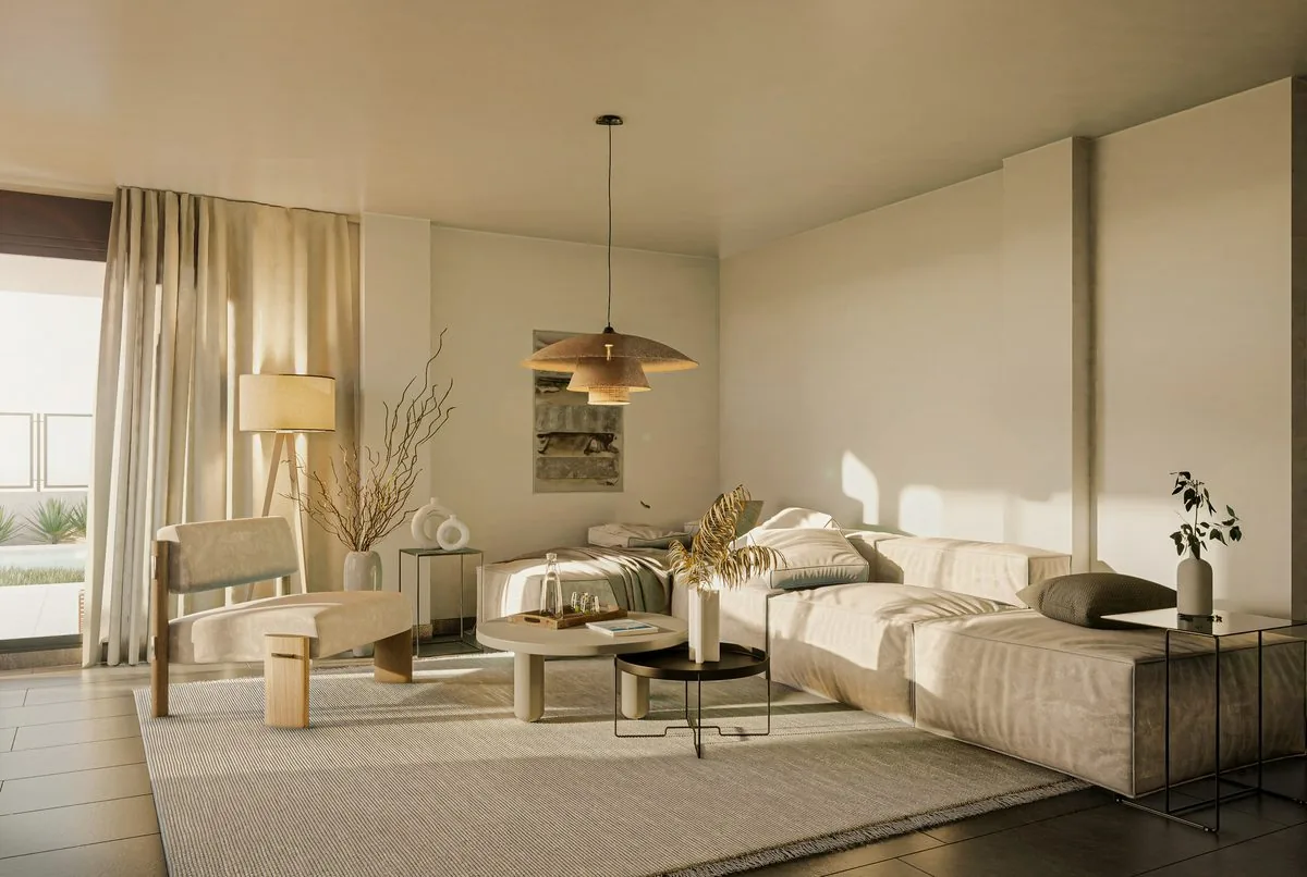 Salón contemporáneo con luz natural y mobiliario en tonos cálidos